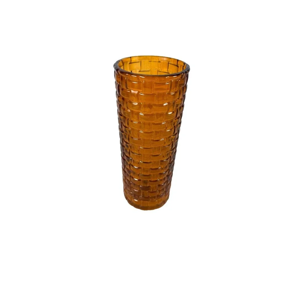 Vintage Indiana Glass Amber Vase Cubist Block Basket Weave Design 3